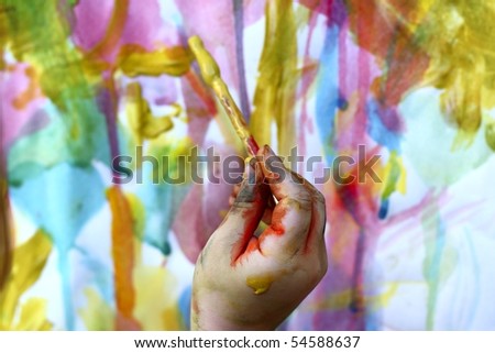 stock photo : children little artist painting hand brush colorful watercolor 