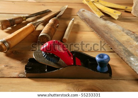 carpenter craftsman hand tools saw hammer wood tape plane gouge
