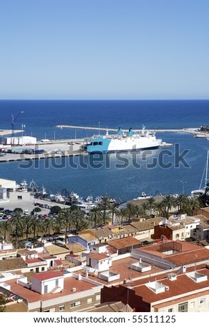 stock photo : denia alicante spain village port high castle view blue sky