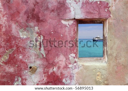 grunge pink red wall wood window tropical turquoise sea boat view