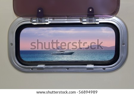 Boat porthole sunset view red blue ocean sea magic light [Photo Illustration]