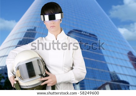 futuristic spaceship aircraft astronaut helmet woman modern skyscraper mirror city buildings [Photo Illustration]