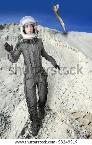 astronaut fashion woman aircraft crash space suit helmet moon landscape [Photo Illustration]