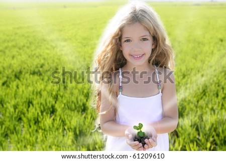 sprout plant growing from little girl hands outdoor rice field [Photo Illustration]