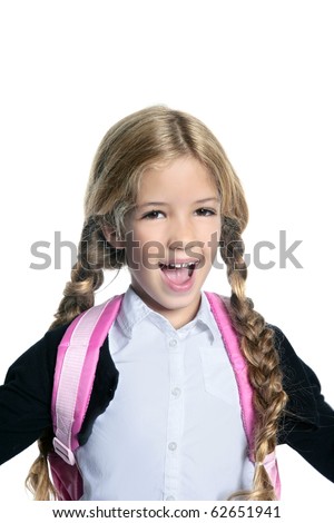 stock photo little blond school girl with backpack bag portrait isolated 