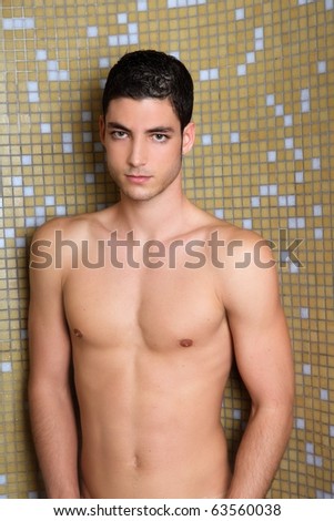 stock photo tile bathroom shower young nude man posing sexy looking camera