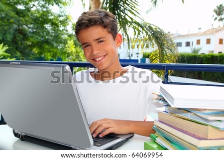 Happy teenager student boy working laptop computer in garden outdoor