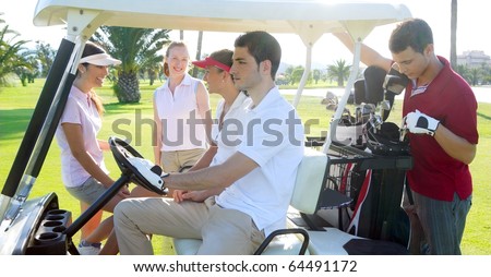 Golf course young team people group buggy green grass field
