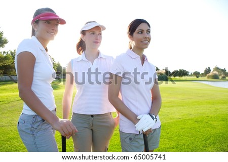 Golf three woman in a row green grass course players