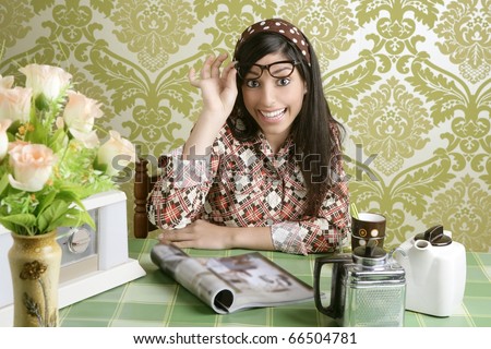 coffee retro woman kitchen coffee with magazine vintage wallpaper