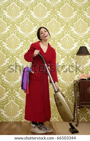 Bathrobe retro housewife woman vacuum cleaner vintage sixties wallpaper