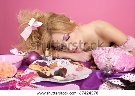 end party pink princess  fashion woman sleeping on messy table
