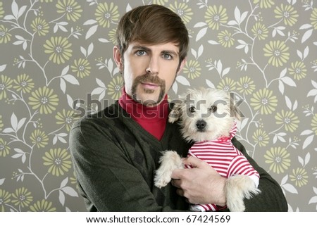 geek retro man holding dog silly couple on wallpaper