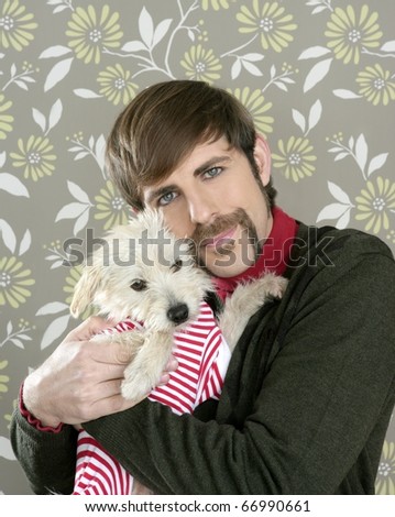 geek retro man holding dog silly couple on wallpaper