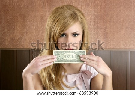 dollar note retro woman holding hand hiding face vintage office
