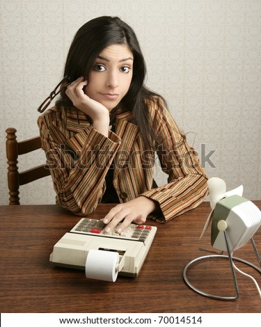 Accountant retro woman calculator bad sales reports negative expression