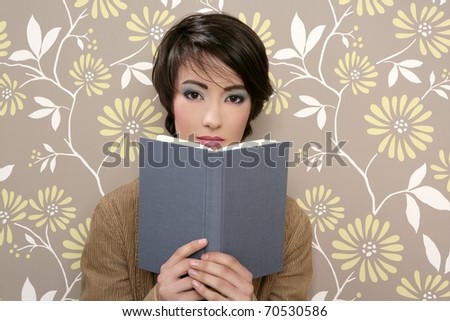 book reading shy woman retro 60s vintage wallpaper