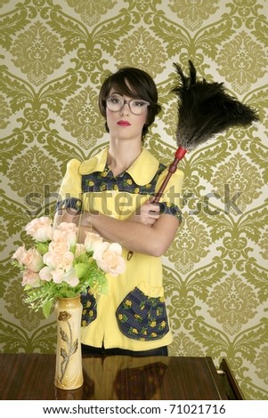 housewife nerd retro woman tired of home chores on vintage wallpaper