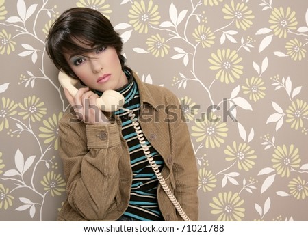 talking telephone retro woman on vintage wallpaper wall