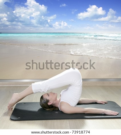 black mat yoga woman window view of tropical beach caribbean sea [Photo Illustration]