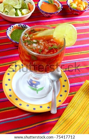 cocktail of shrimps mexican chili sauces lemon latin seafood Mexico