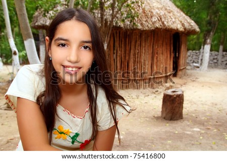 stock photo Mexican indian Mayan latin girl in jungle cabin house Mexico