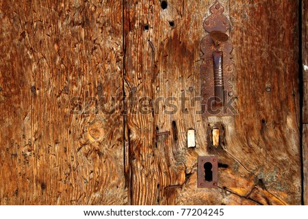 Aged wood door grunge texture rusty handle vintage wooden detail