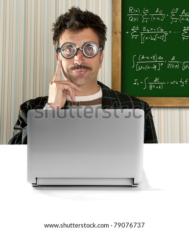 Genius nerd glasses silly man board math formula pensive gesture thinking expression [Photo Illustration]