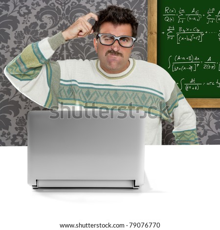 genius nerd silly glasses computer thinking gesture problem solution wallpaper background [Photo Illustration]