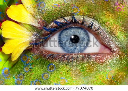 blue woman eye makeup spring flowers metaphor colorful fantasy meadow [Photo Illustration]