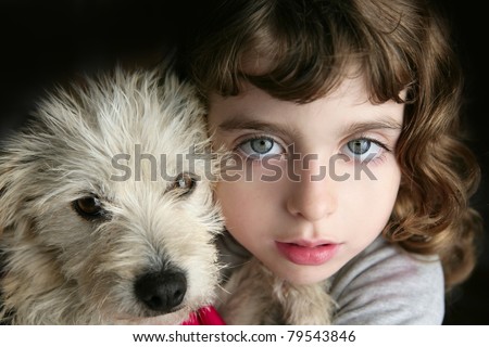stock photo dog puppy and girl hug portrait closeup blue eyes white hairy 