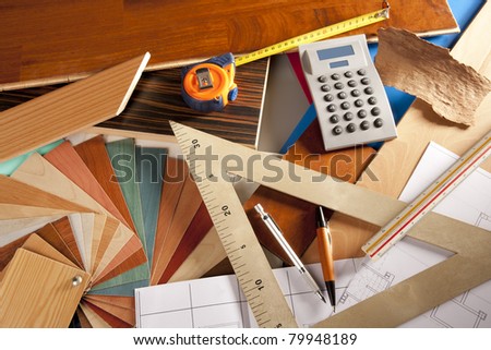 Architect interior designer or carpenter workplace with desk design tools