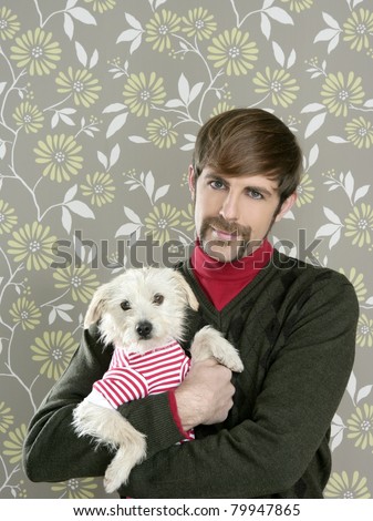 geek retro man holding dog such silly couple on retro wallpaper
