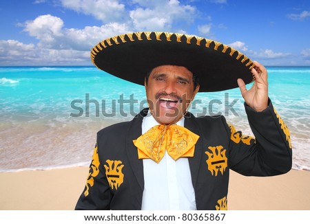 Charro mariachi man portrait shouting in Mexico Caribbean beach [Photo Illustration]