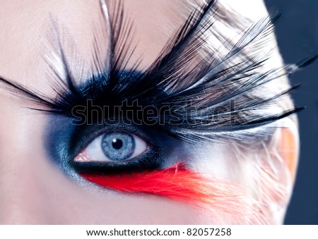 blue woman eye with fashion makeup bird inspired with black and red feathers