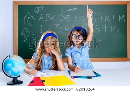 smart nerd student in classroom raising hand with sad friend