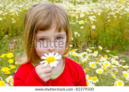blond little girl smelling a daisy spring flower in meadow field