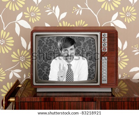 tv presenter mustache man in wooden retro television brown wallpaper [Photo Illustration]