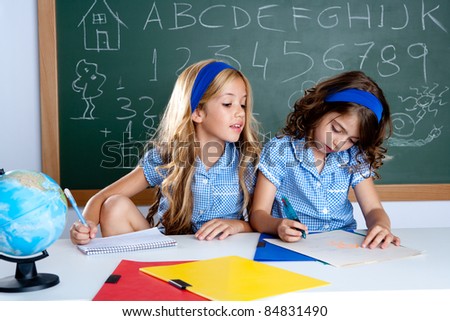 classroom with two kids students cheating on test exam at school