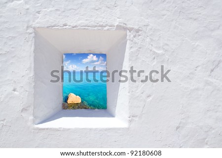 Ibiza mediterranean white wall window with Formentera beach view [ photo-illustration ]