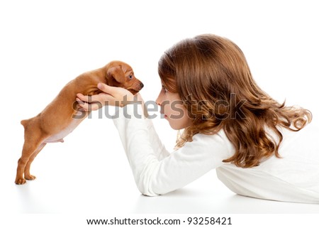 Brunette profile girl with dog puppy mascot mini pinscher on white background