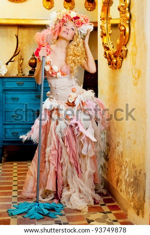 stock photo baroque fashion blonde housewife woman at mop cleaner chores
