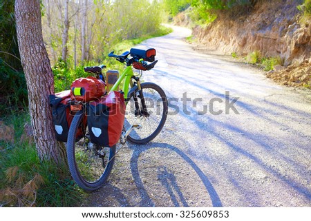 MTB Bicycle touring bike in a pine forest with pannier racks and saddlebag