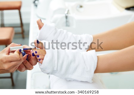 Pedicure nails polish blue in nail salon after sofa chair bath