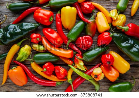 Mexican hot chili peppers colorful mix habanero poblano serrano jalapeno on wood