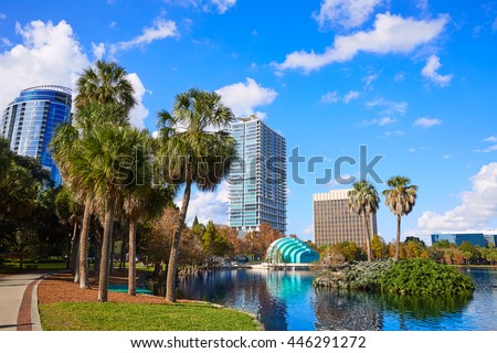 Orlando skyline from lake Eola in Florida USA