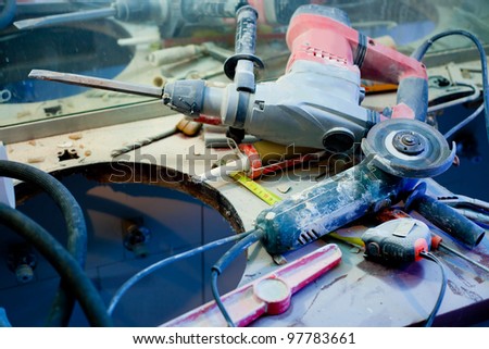 home improvement repair messy clutter with dusted tools handtools