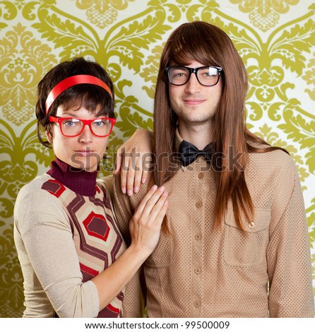 Funny humor silly nerd couple on retro vintage wallpaper background
