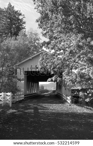 One of the few remaining covered bridges in Western Oregon on a fall afternoon.