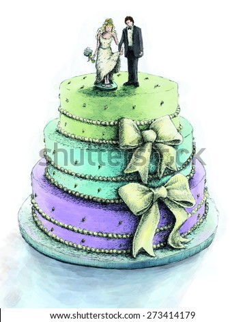 Fancy 3 tiered wedding cake with bows and a bride and groom on the top